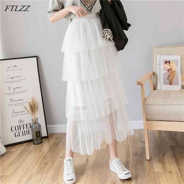 

spring summer mesh ruffles long skirt casual female high waist four layers tulle ins sweet pleated skirts 210430, Black