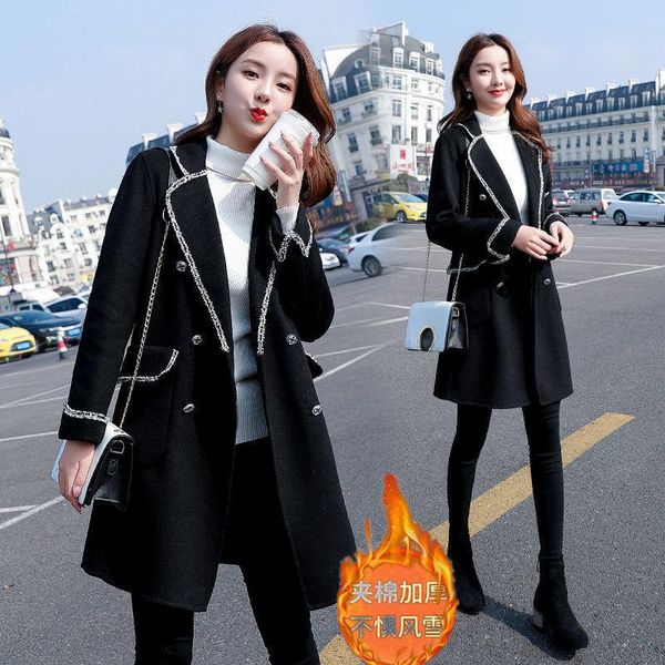 

women's wool & blends coat women hepburn style thickened suit collar slim mid-length spliced 2021 autumn and winter black jacket clothi