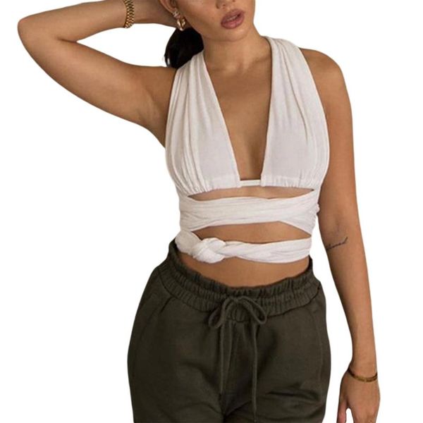 

women's tanks & camis solid color y2k crop sleeveless hollowed drawstring waist bandage halter summer gothic clothes, White
