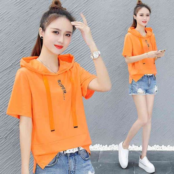

hooded short sleeve thin sweater 2021 summer korean loose cover women's hooded cotton t-shirt, Black