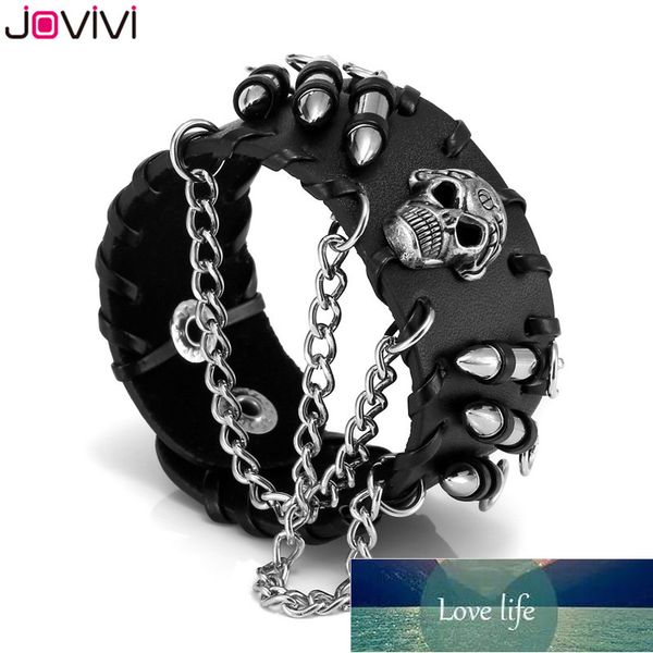 Jovivi 1x Bracciali da uomo Metal Biker Black Wide Bullet Skull Spike Chain Pelle di vacchetta Bracciale punk rock Cinturino regolabile Prezzo di fabbrica design esperto