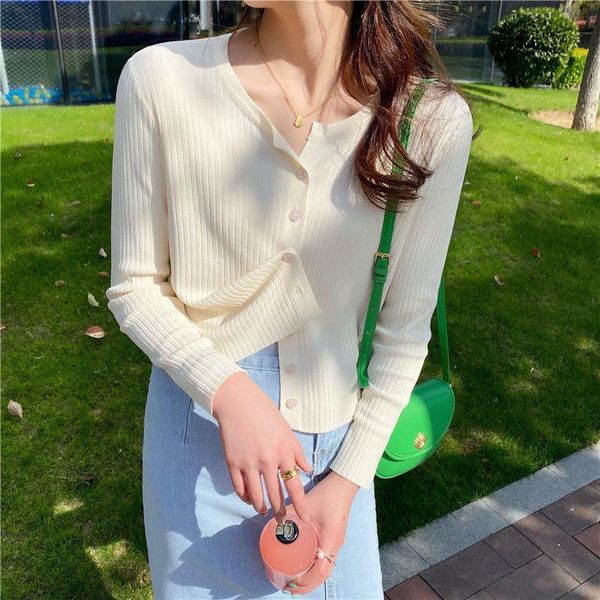 

women's knits & tees fashion thin spring and autumn 2021 short ice silk knit sweater long-sleeved jacket v-neck foreign style blouse, White