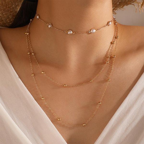 

chokers tocona bohemia pearl clavicle chain necklace for women multi-layer beaded gold alloy choker wedding jewelry 15042, Golden;silver