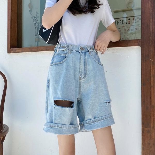 

women's jeans street wear high waist wide leg denim shorts women with hole 2021 jean summer korean style bermuda, Blue