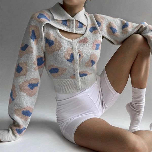 

women's polos spring and autumn slim leopard print knitted ultra-short shirt waistcoat + vest fashion retro casual, White