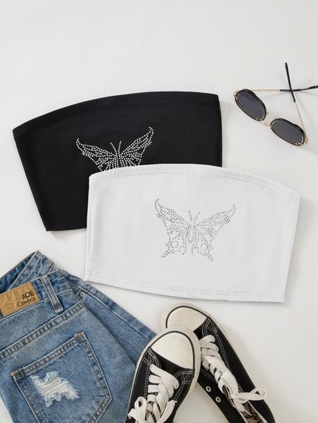 

2pcs rhinestone butterfly pattern tube f4p4#, White