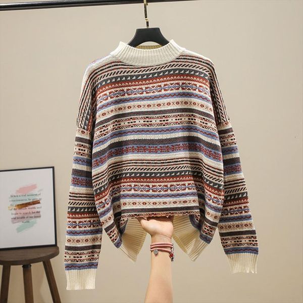 

autumn winter womens ethnic women sweater style striped loose pullover half high collar inner female knit sweaters ll297, White;black