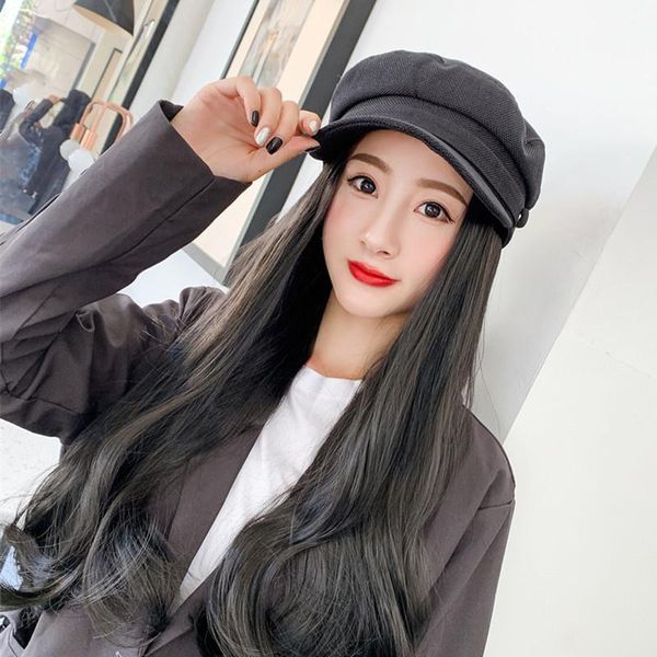 

berets long wavy synthetic baseball cap hair wig women natural black wigs straight connect hat adjustable for girls, Blue;gray