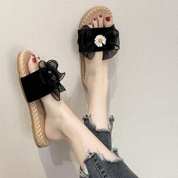 

sandals summer 2021 versatile bow fashion woven flat simple web celebrity daisy, Black