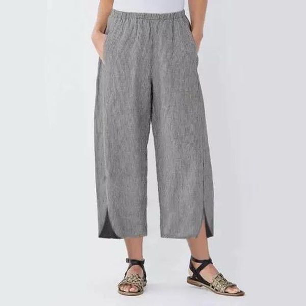 

women's pants & capris plus size l-4xl cotton solid wide leg corduroy elastic waist loose ankle split cropped trousers pantalon femme a, Black;white