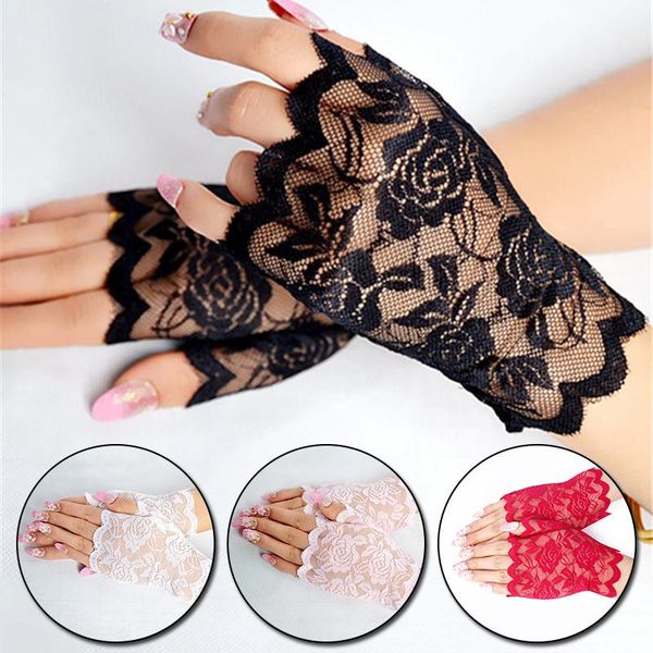 

five fingers gloves summer lace women driving short breathable fingerless delicate rose flower pattern bride wedding party glove, Blue;gray