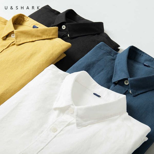 

u&shark black white linen shirts for men long sleeve casual shirt summer cotton shirt slim fit non iron business uniform cooling 210603, White;black