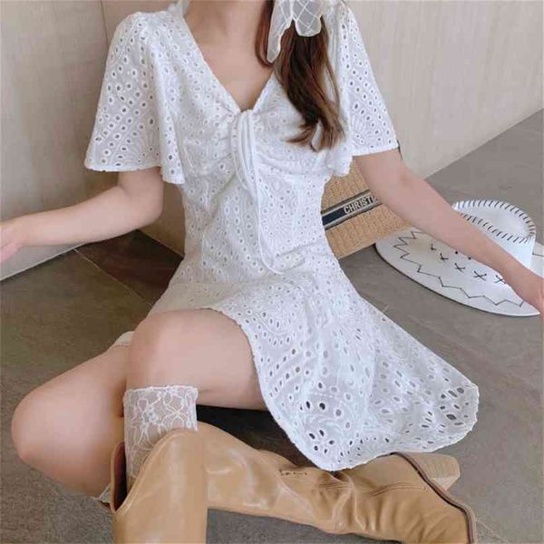 

v-neck lace dress white/blue/black mini women summer short sleeve drawstring hollow embroidery a-line 210602, Black;gray