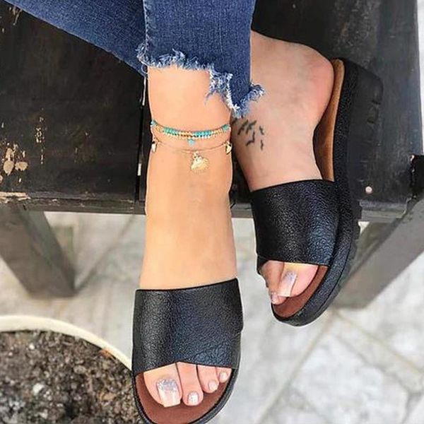 

women pu shoes wedges ladies casual soft beach correction sandal open toe thick bottom roman slipper zapatillas mujer slippers, Black