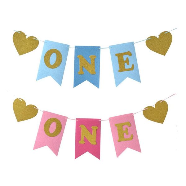 

party decoration pink blue glitter one banner pennant hanging high chair baby shower flag kids boys girls first birthday
