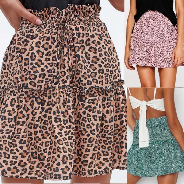 

skirts cyaysw 2021 fashion women's summer casual leopard print ruffles a-line bohemian pleated lace up bandage bodycon short skirt, Black