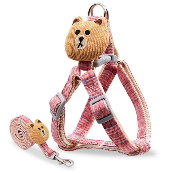 

pet harness and leash set cute bear nylon lattice dog vest collar traction rope leads cat puppy outdoor walking chest strap collars & leashe
