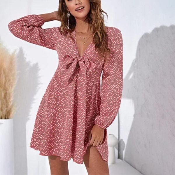 

casual dresses women dress autumn chiffon floral print v neck bow lantern sleeve a-line vestidos 2021 elegant vintage evening for femme, Black;gray