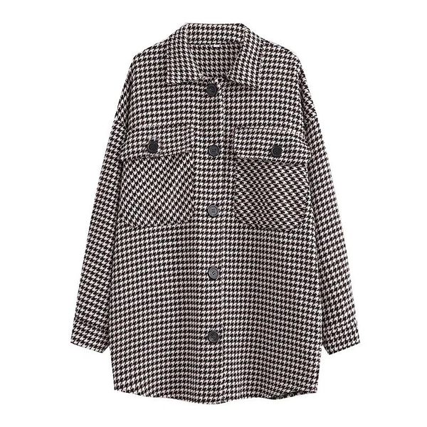 

women's jackets women double pocket houndstooth casual shirt coat female long sleeve outerwear lady loose c1231, Black;brown