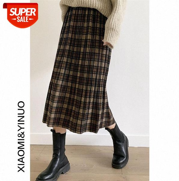 

[ou fan] 7631 woolen plaid skirt women retro high waist mid-length a-line #at8x, Black;gray