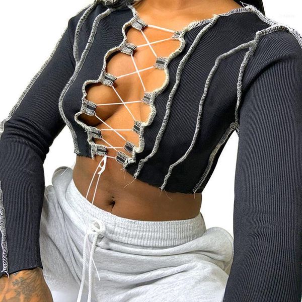 

fashion women ladies casual crop lace up front long sleeve rib-knit basic tee shirts1, White