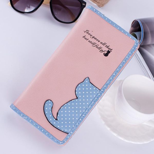 

wallets cute cat wallet women phone pu purses 2021 korean long section hit color wave dot student bag zipper, Red;black