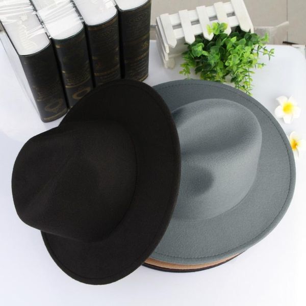 

wide brim hats retro classic felt jazz hat fedora with big panama for women men black khaki ladies cap drop, Blue;gray