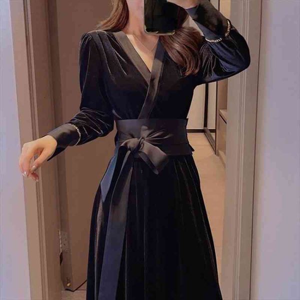 

winter velvet midi bandage womens dresses design long sleeve black vintage korean fashion pure color evening party, Black;gray