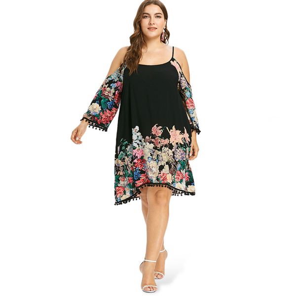 

off summer loose plus size sling large women's shoulder print dress, Black;gray