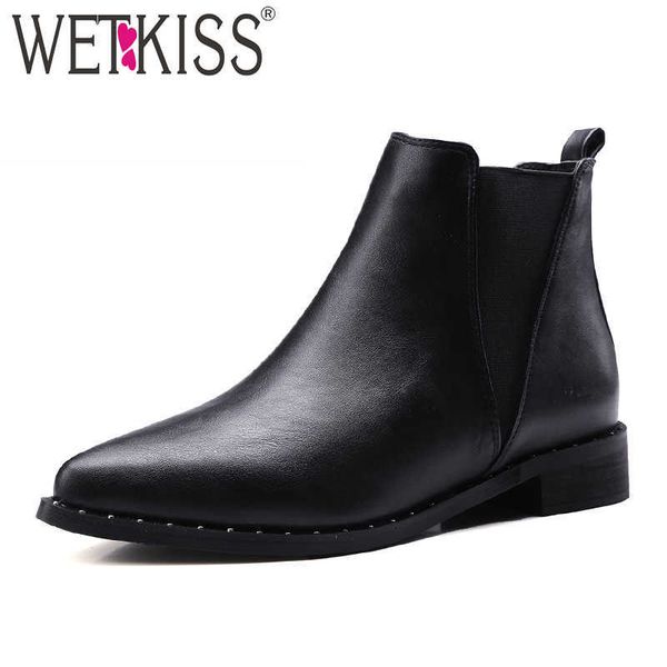 

wetkiss thick low heels women ankle boots pointed toe footwear elastic female boot fashion rivet shoes woman winter 210630, Black
