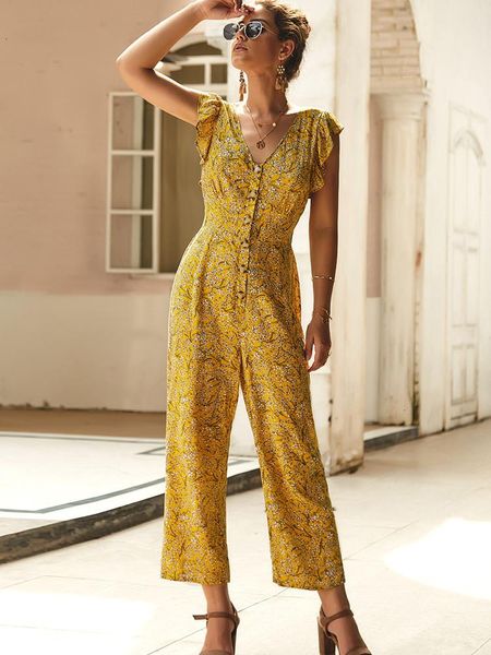 

women's jumpsuits & rompers boho floral print 2021 summer jumpsuit casual straight ankle-length pants ruffle botton romper l, Black;white