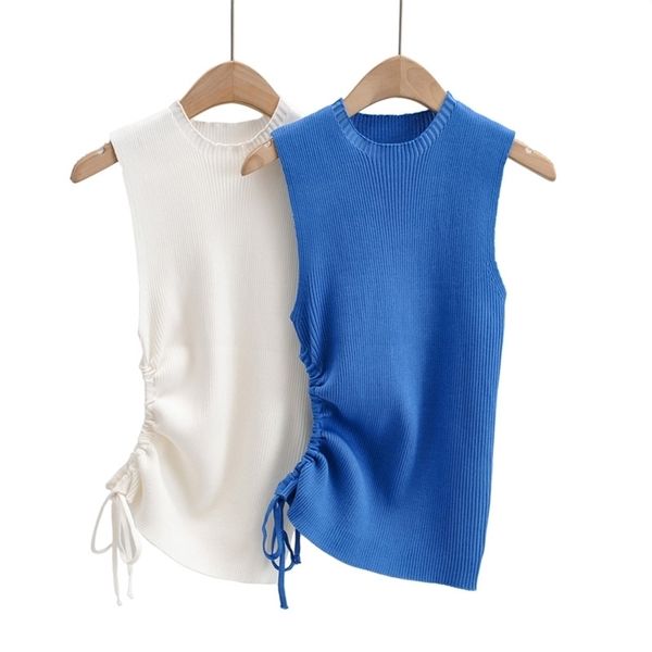 

women sweater tshirt tanks solid o-neck sleeveless pleated knit tank casual summer clothing 210524, White