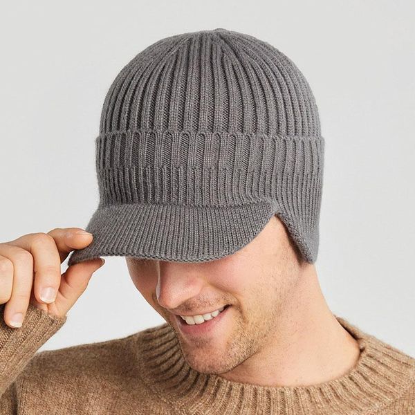 

beanies ear protection solid color male knitted cap autumn winter warm crochet man hat soft casual outdoor thick bonnet for boys
