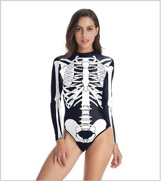 

10pcs/lot 2021 3d printed long-sleeved swimwear women colorful skull vest one-piece triangle swimsuit bodysuit b120-019 women's, White;black