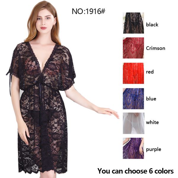 

no:1917#ms. set four seasons lace transparent pajamas meshshort sleeve lingerie wholesale retail thongs + bras and panties factory price, Black;white
