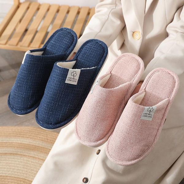 

slippers for womens men linen shoes women household indoor bedroom couples floor comfortable winter, Black