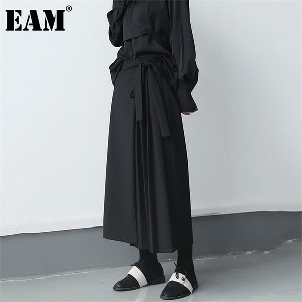 

[eam] high elastic waist black pleated long wide leg trousers loose fit pant fashion spring autumn 1db207 210915, Black;white