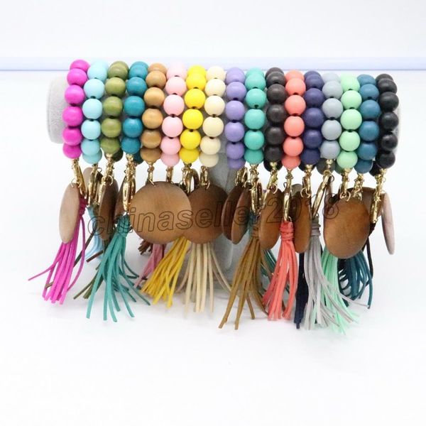 

party favor foreign trade beaded wood bead bracelet keychain blank disc tassel key ring pendant pure multicolor optional, Slivery;golden