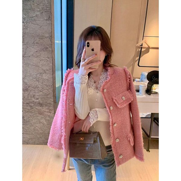 

women's jackets high level pink small fragrance jacket ladies knitting 2021 spring and autumn tweed top, Black;brown