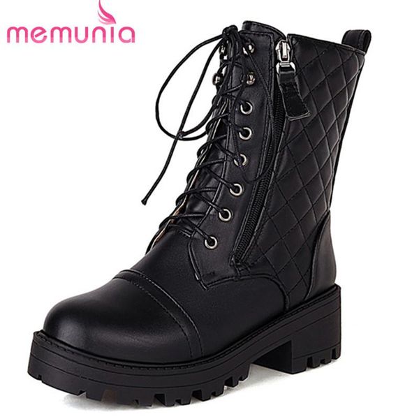 

boots memunia 2021 big size 43 ankle for women pu lace up autumn winter square heel platform shoes black