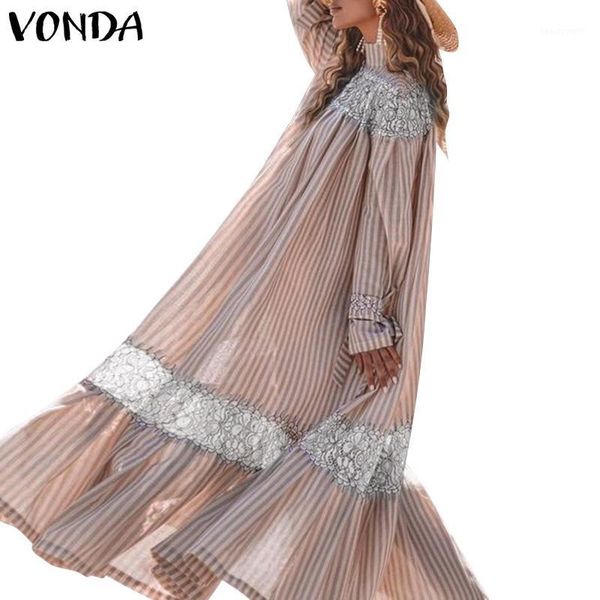 

casual dresses 2021 vonda bohemian patchwork dress vintage lapel neck long sleeve party plus size loose sundress femme vestidos, Black;gray