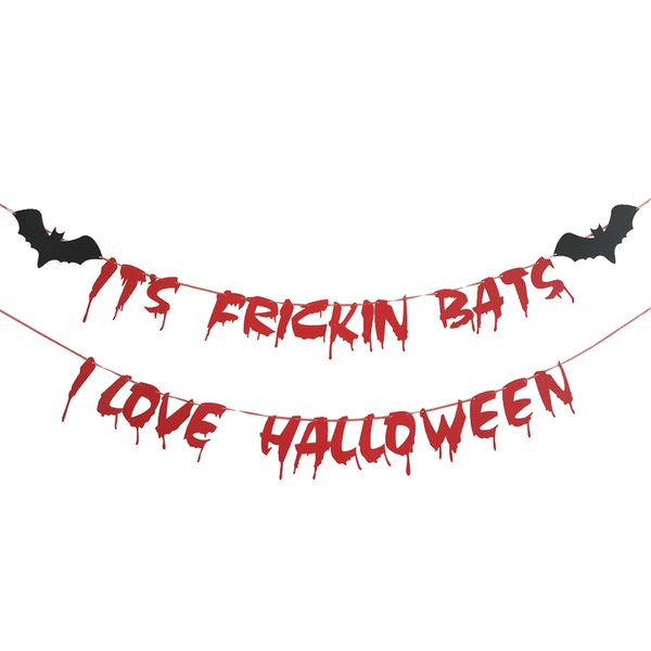 Ich LIEBE HALLOWEEN Fledermaus-Banner, Dekor, 2,2 m, für Zimmer, Garten, glitzernde Schnüre, zum Aufhängen, Wimpelkette, Flagge, Festival, Party, Dekoration