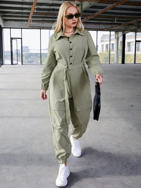 

plus flap pocket belted shirt jumpsuit m2pc#, Black