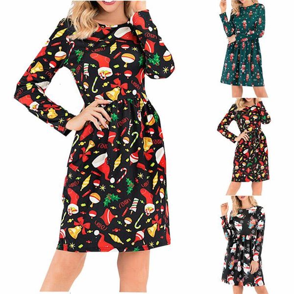 

casual dresses 2020 autumn and winter women's home casual round neck pullover long sleeve printing christmas elastic waist, Black;gray