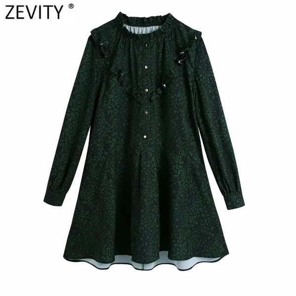 

zevity women vintage o neck agaric lace leopard print green mini dress femme ruffles a line vestido chic casual cloth ds4711 210419, Black;gray