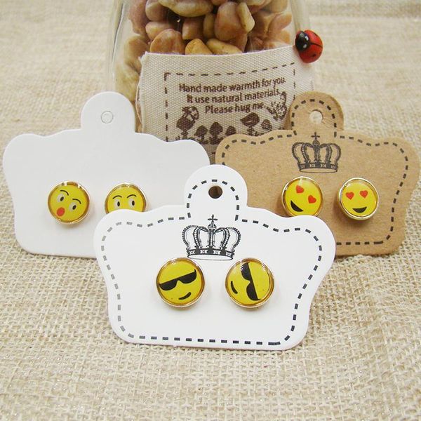 

gift wrap 4*5cm 200pcs crown shape 3colors printed kraft paper ear studs jewelry display card white/kraft hang tags for earring