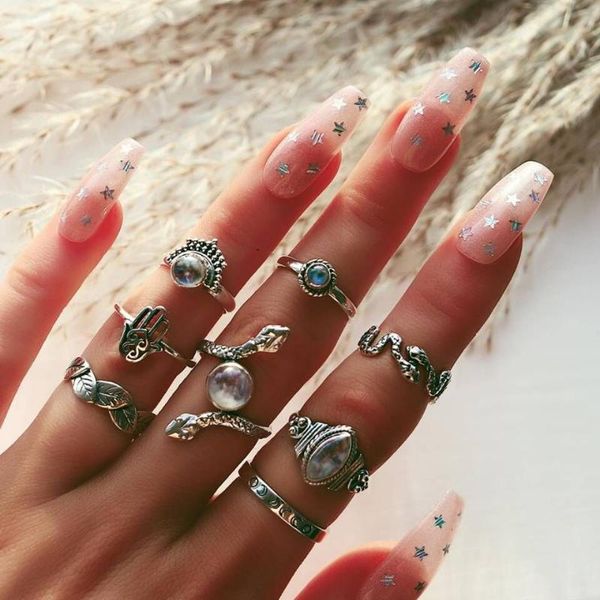 

cluster rings snake leaf hand women ring set hip punk club pub fashion jewelry accessories vintage metal finger, Golden;silver