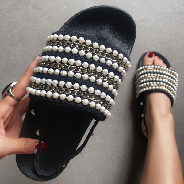 

flat slippers women 2021 fashion pearl line sandals summer shoes beach flip flops woman outdoor slip on, Black