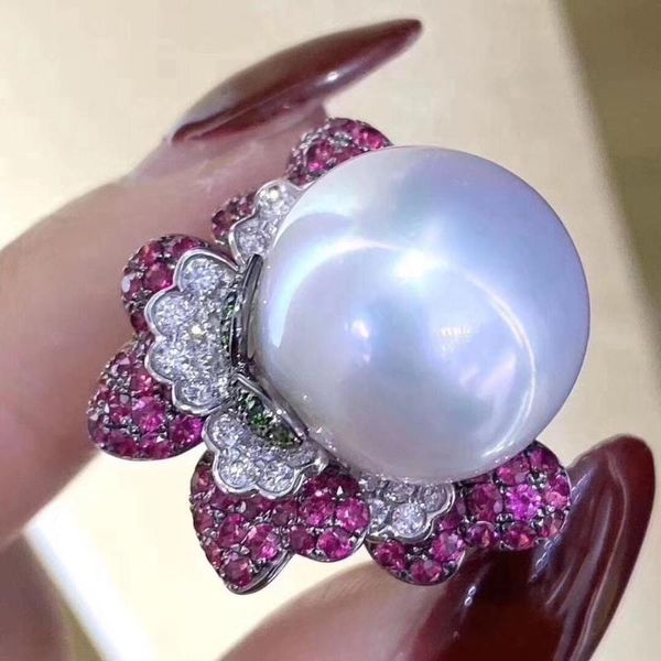 

cluster rings d119 fine jewelry 925 sterling silver natural fresh water 13-14mm edison white peals for women pearls, Golden;silver