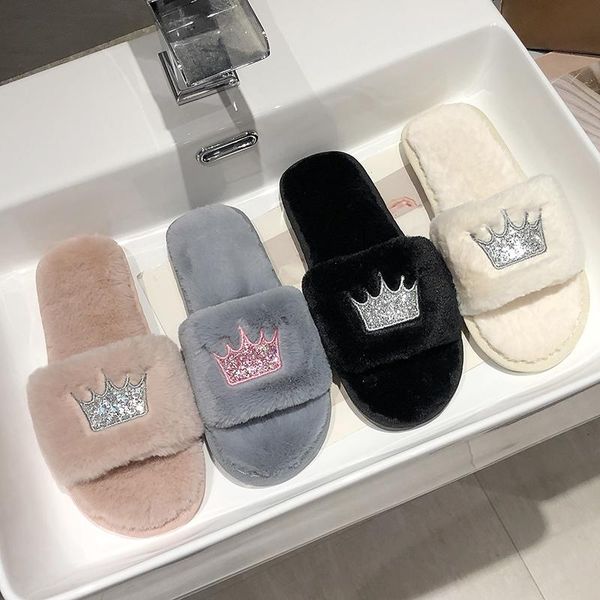 

slippers women 2021 womens fur winter shoes big size home slipper plush pantufa indoor warm fluffy cotton, Black